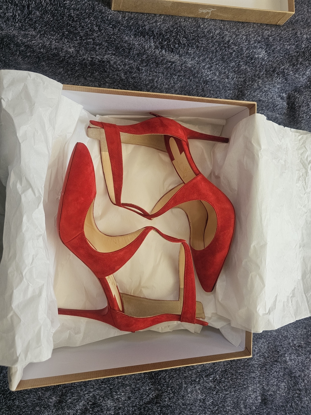 Christian Louboutin Red Suede Pointed-Toe Heels with Decorative Ankle Straps - Picture 3 of 6